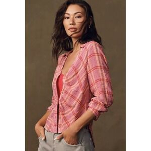 Pilcro Anthropologie Plaid Button-Down Shirt Ruched Front Long Sleeve Large Pink